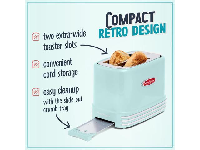 Nostalgia New and Improved Wide 2-Slice Toaster Perfect For Bread, English Muffins, Bagels, 5 Browning Levels, With Crumb Tray & Cord Storage, Aqua