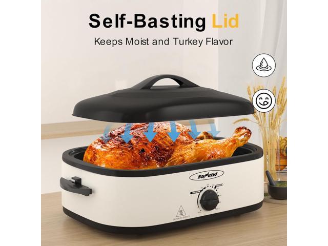 Sunvivi Electric Roaster Oven with Self-Basting Lid, 14-Quart Turkey Roaster Oven with Removable Pan and Rack, Stainless Steel, White