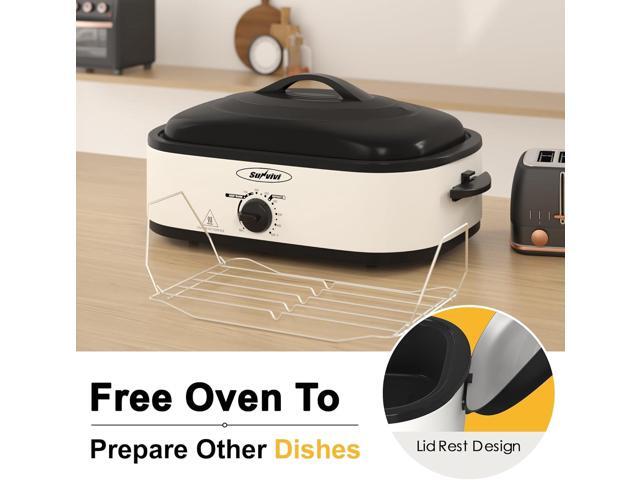 Sunvivi Electric Roaster Oven with Self-Basting Lid, 14-Quart Turkey Roaster Oven with Removable Pan and Rack, Stainless Steel, White