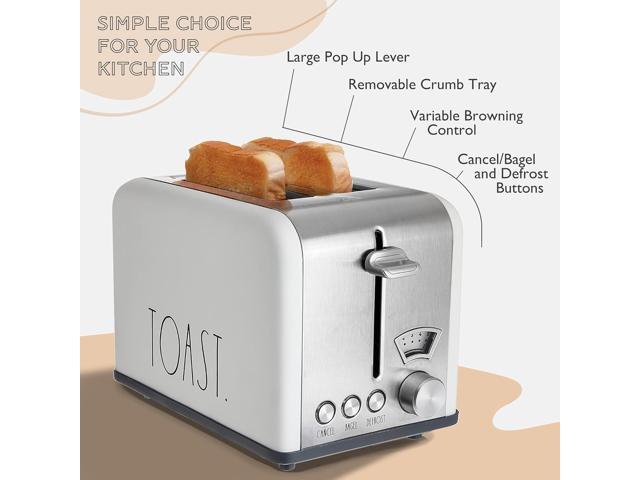 Rae Dunn Toaster, Stainless Steel 2 Slice Square Toaster, Wide Slot with 5 Browning Levels, with Bagel, Defrost and Cancel Options (Cream)