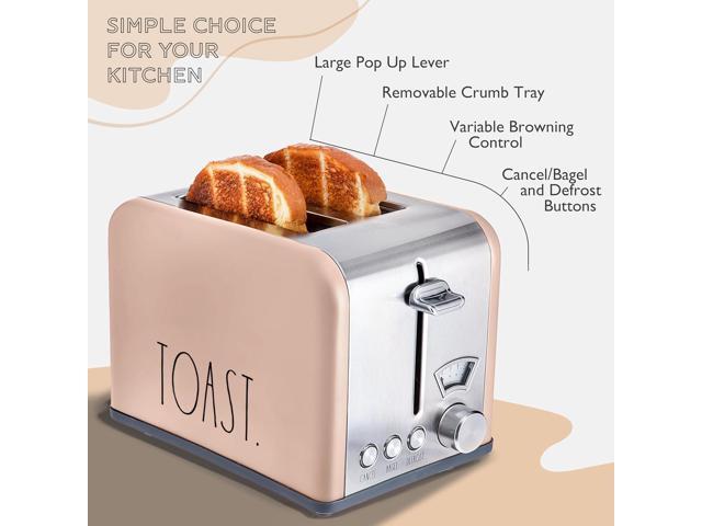 Rae Dunn Toaster, Stainless Steel 2 Slice Square Toaster, Wide Slot with 5 Browning Levels, with Bagel, Defrost and Cancel Options (Blush)