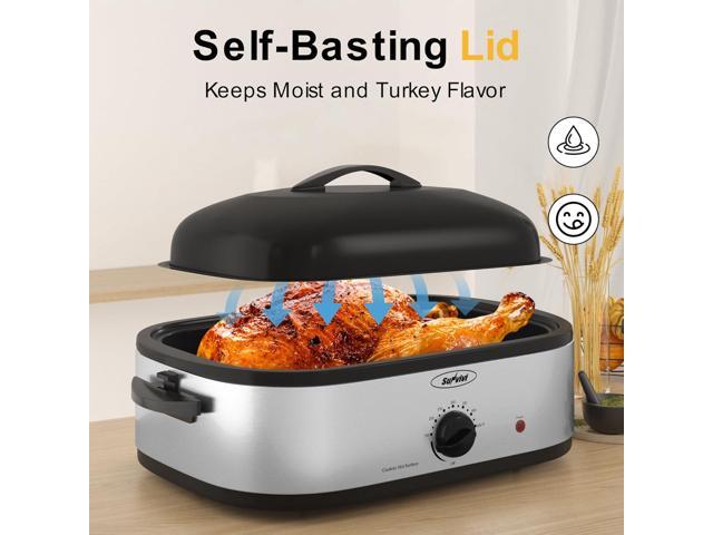 Sunvivi 14-Quart Electric Roaster Oven with Self-Basting Lid, Turkey Roaster Oven with Rack, Stainless Steel, Silver