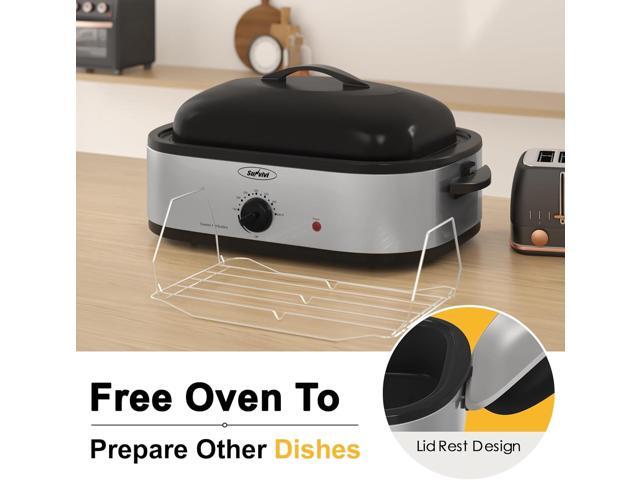 Sunvivi 14-Quart Electric Roaster Oven with Self-Basting Lid, Turkey Roaster Oven with Rack, Stainless Steel, Silver