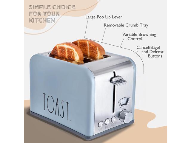 Rae Dunn Toaster, Stainless Steel 2 Slice Square Toaster, Wide Slot with 5 Browning Levels, with Bagel, Defrost and Cancel Options (Baby Blue)