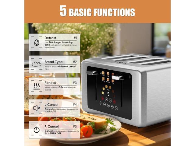 whall 4 Slice Touch Screen Toaster, Stainless Steel Toasters Digital Timer, Dual Control Panel Toasters6 Shade Settings6 Bread Types, Smart Wide...