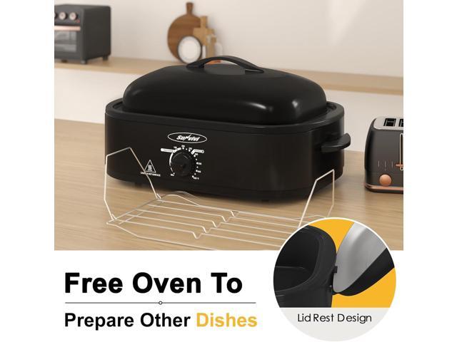 Sunvivi 14-Quart Electric Roaster Oven with Self-Basting Lid, Turkey Roaster Oven with Removable Pan and Rack, Stainless Steel, Black