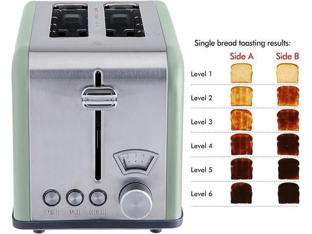 Rae Dunn Toaster, Stainless Steel 2 Slice Square Toaster, Wide Slot with 5 Browning Levels, with Bagel, Defrost and Cancel Options (Sage)