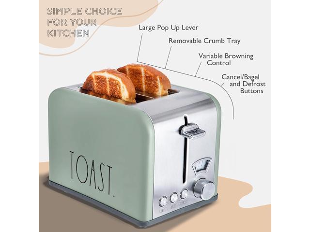 Rae Dunn Toaster, Stainless Steel 2 Slice Square Toaster, Wide Slot with 5 Browning Levels, with Bagel, Defrost and Cancel Options (Sage)
