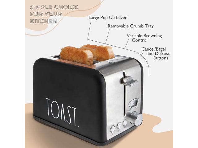 Rae Dunn Toaster, Stainless Steel 2 Slice Square Toaster, Wide Slot with 5 Browning Levels, with Bagel, Defrost and Cancel Options (Black)