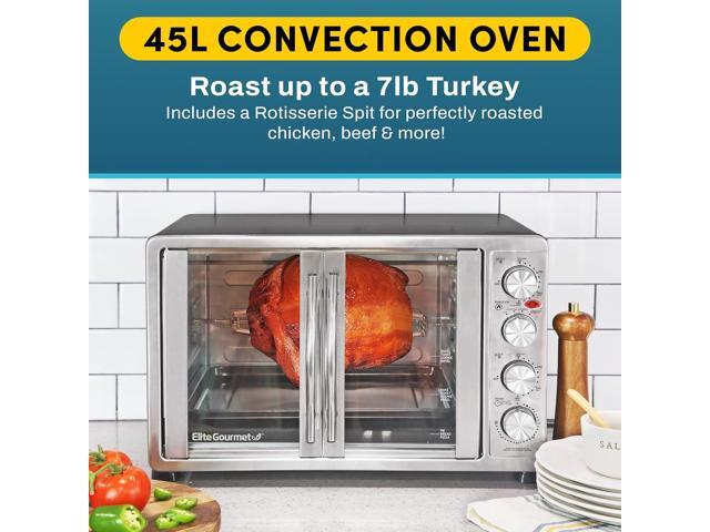 Elite Gourmet ETO-4510M French Door 47.5Qt, 18-Slice Convection Oven 4-Control Knobs, Bake Broil Toast Rotisserie Keep Warm, Includes 2 x 12' Pizza...