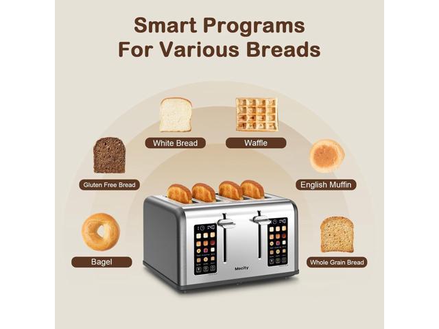 Mecity 4 Slice Toaster with Touch Screen Control, 4 Wide Slots, Stainless Steel Smart Bread Toaster for Bagels, Muffins, Waffles, Dual Control...