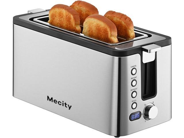 Mecity 4 Slice Toaster, Long Slot Toaster With Countdown Timer, Bagel/Defrost/Reheat/Cancel Functions,Warming Rack, Removable Tray, 6 Browning.