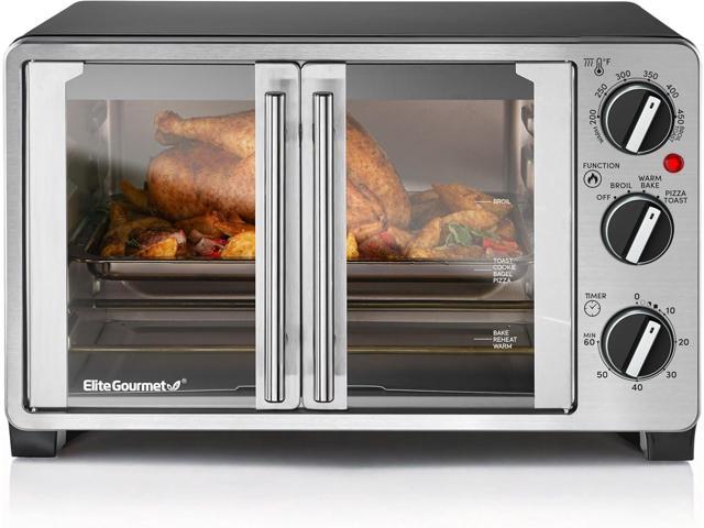 Elite Gourmet ETO2530M Double French Door Countertop Toaster Oven, Bake, Broil, Toast, Keep Warm, Fits 12' pizza, 25L capacity, Stainless Steel &.
