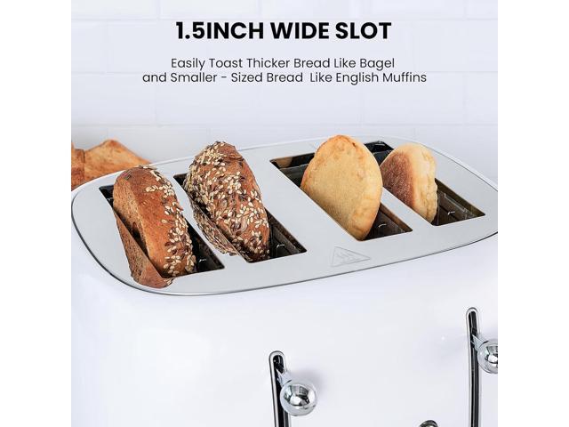 4 Slice Toaster Retro Stainless Steel with Bagel Defrost Cancel Function, 6 Browning Settings, Extre Wide Slot and Removable Crumb Tray, White, ST033