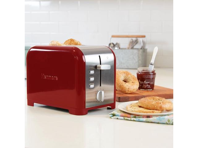 Koolatron Kenmore 2-Slice Toaster, Stainless Steel, Red and Silver, with Extra Wide Slots, Self-Adjusting Bread Guides, Defrost, Bagel and...