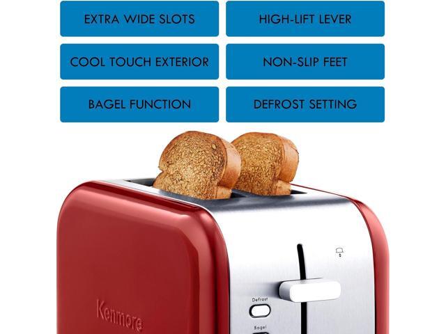 Koolatron Kenmore 2-Slice Toaster, Stainless Steel, Red and Silver, with Extra Wide Slots, Self-Adjusting Bread Guides, Defrost, Bagel and...