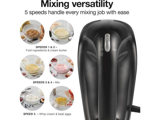 Proctor Silex Easy Mix 5-Speed Electric Hand Mixer with Bowl Rest, Compact and Lightweight, 215 Watts of Peak Power, Storage Case, Black (62512)