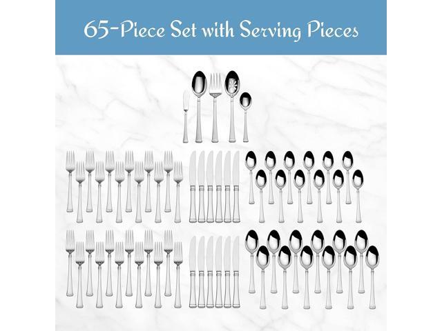 Mikasa Harmony 65-Piece Flatware Set for 12, 18/10 Stainless Steel Silverware with Forks, Knives, Spoons, and Serving Utensils, Elegant Design