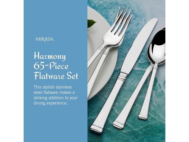 Mikasa Harmony 65-Piece Flatware Set for 12, 18/10 Stainless Steel Silverware with Forks, Knives, Spoons, and Serving Utensils, Elegant Design