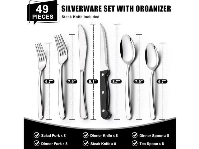 49-Piece Silverware Set with Organizer, Heavy Duty Stainless Steel Flatware for 8, Cutlery Utensil Sets with Steak Knives, Rust-proof, Mirror...