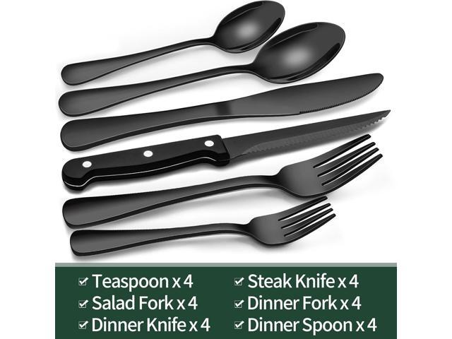 24-Piece Black Silverware Set with Steak Knives, Black Flatware Set for 4, Food-Grade Stainless Steel Tableware Cutlery Set, Mirror Finished...