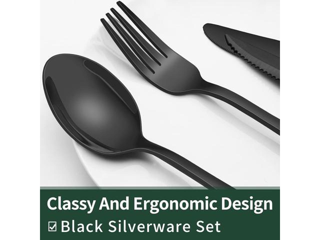 24-Piece Black Silverware Set with Steak Knives, Black Flatware Set for 4, Food-Grade Stainless Steel Tableware Cutlery Set, Mirror Finished...