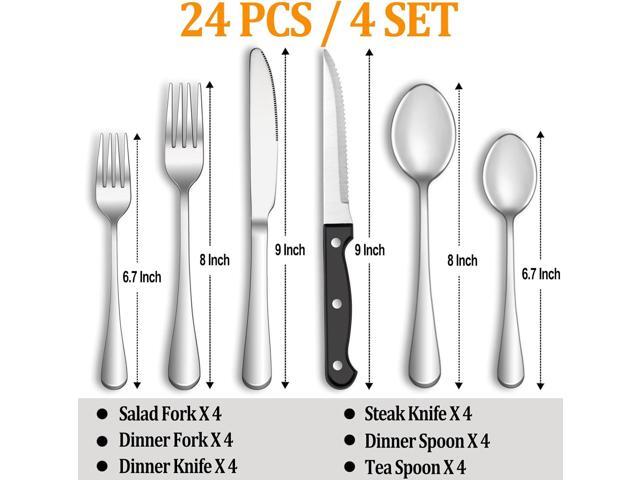24 Pcs Silverware Set with Steak Knives Service for 4,Stainless Steel Flatware Set,Mirror Polished Cutlery Utensil Set,Home Kitchen Eating...