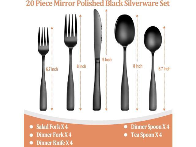 20 Pcs Black Silverware Set, Food-Grade Stainless Steel Flatware Set for 4, Square Cutlery Set, Mirror Polished Tableware Eating Utensils Set for...