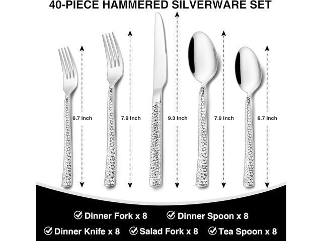 Hammered Silverware Set, 40-Piece Stainless Steel Square Flatware Set for 8, Food-Grade Tableware Cutlery Set, Utensil Sets for Home Restaurant,...