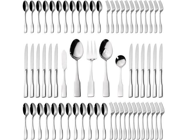 Alata Kate 65-Piece Silverware With Utensil-Serving Set, Service for 12, Stainless Steel Flatware, Mirror Polished Cutlery, Dishwasher Safe