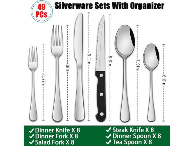 49 Pieces Silverware Sets With Organizer And Steak Knives,Stainless Steel Flatware Sets Service For 8 Person For Home Kitchen,Tableware Cutlery Sets