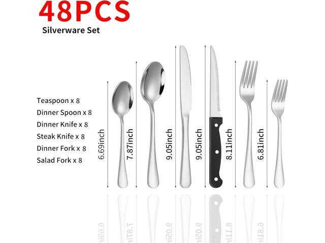 48-Piece Silverware Set with Steak Knives Stainless Steel Flatware Set for 8 Food Grade Tableware Cutlery Set Rust-proof, Mirror Polished,...
