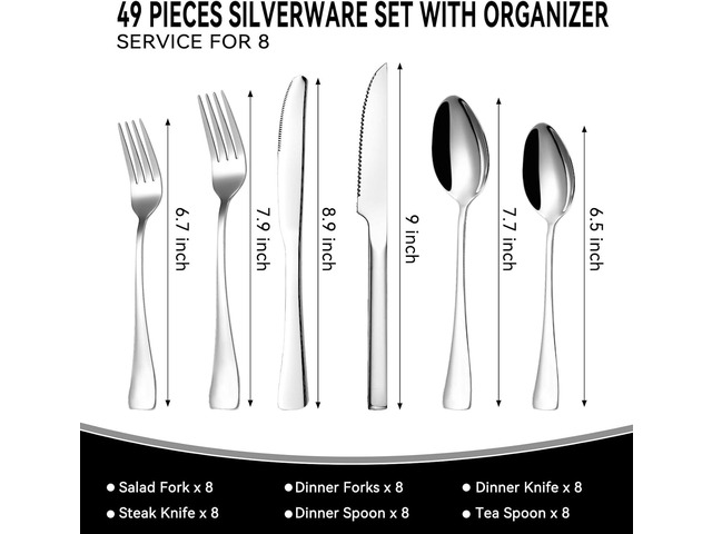 49-Piece Silverware Set with Organizer, Stainless Steel Kitchen Utensils Set for 8, Cutlery Flatware Set with Steak Knives Fork Spoon for Home...