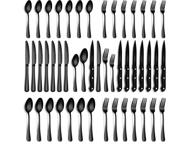 Black Silverware Set, 48-Piece Flatware Set with Steak Knives for 8, Stainless Steel Mirror Cutlery Include Forks Spoons and Knives Set, Dishwasher...