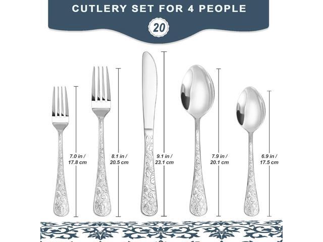 Runfly Vintage Carved Stainless Steel 20 Pieces Flatware Set, Silverware Set, Modern Embossed Cutlery Set Utensils Including Fork Spoon and Knife