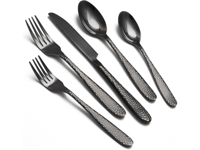 Black Hammered Silverware Set, 40 Piece Stainless Steel Heavy Duty Flatware Set for 8, Food-Grade Tableware Cutlery Set for Home Restaurant, Mirror...
