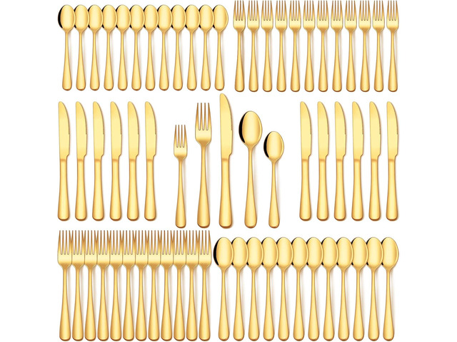 EUIRIO 60Pcs Gold Silverware Set, Stainless Steel Flatware Cutlery Set Service for 12, Mirror Polished Gold Utensils Set Include Forks Spoons...