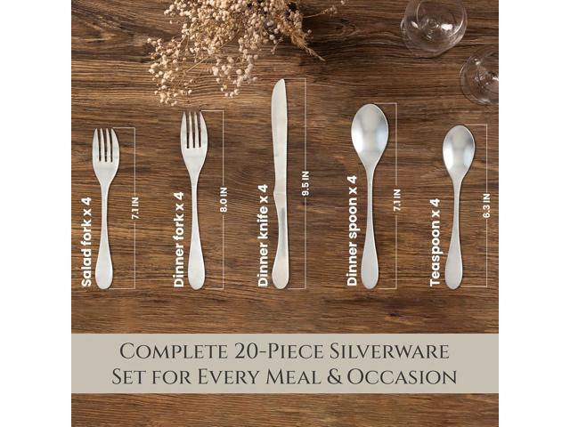 Knork Silverware Set - 20 Piece Matte Silver Cutlery set - Ergonomic Design Utensil sets, 18/10 Stainless Steel Forks Spoons and Knives set