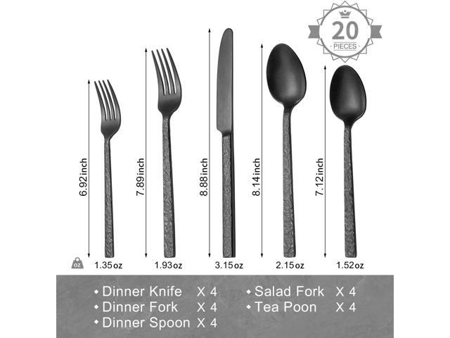 KINGSTONE 20 Pcs Black Hammered Silverware Set for 4, 18/10 Stainless Steel Heavy Duty Flatware Set, Tableware Cutlery Utensil Sets for Home...