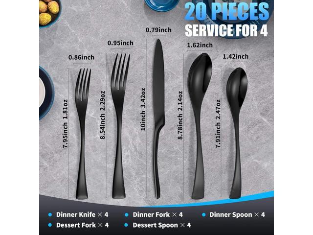 20-Piece Black Silverware Set for 4,Heavy Duty 18/10 Stainless Steel Flatware Set with Forged Stand Knife,Modern Cutlery Utensil Set,Forks Spoons...