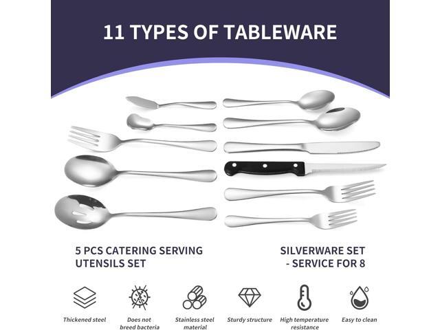 Lazycorner 53 Piece Silverware Set for 8, Flatware Set with Steak Knives for 8 and 5 Public Serving Use Set 18/10 Stainless Steel Serving Utensils...