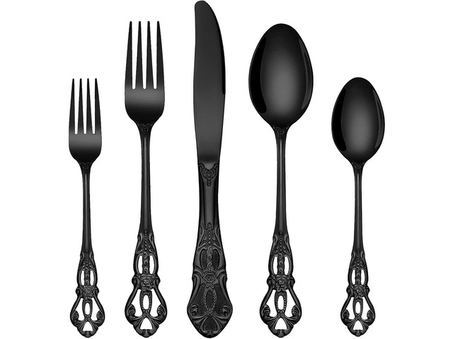 EUIRIO 30 Pieces Royal Silverware Set for 6, Retro Gorgeous Black Flatware Set, Premium Stainless Steel Vintage Cutlery Set with Forks Spoons and...