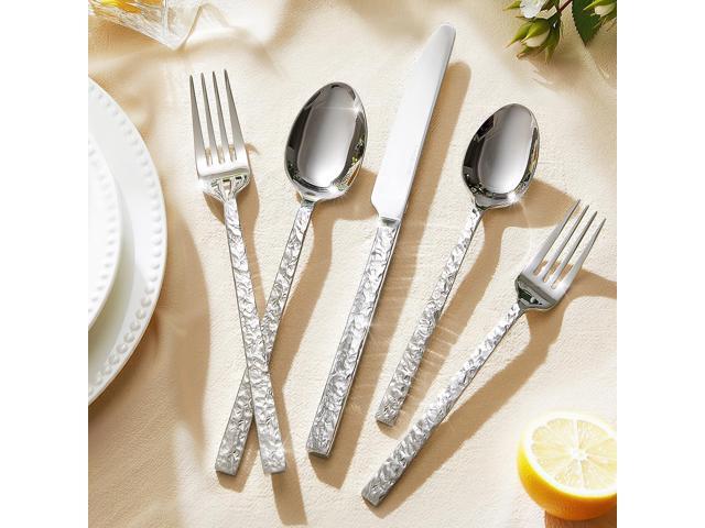 KINGSTONE 40 Pcs Hammered Silverware Set for 8, 18/10 Stainless Steel Heavy Duty Flatware Set, Tableware Cutlery Utensil Sets for Home Restaurant...