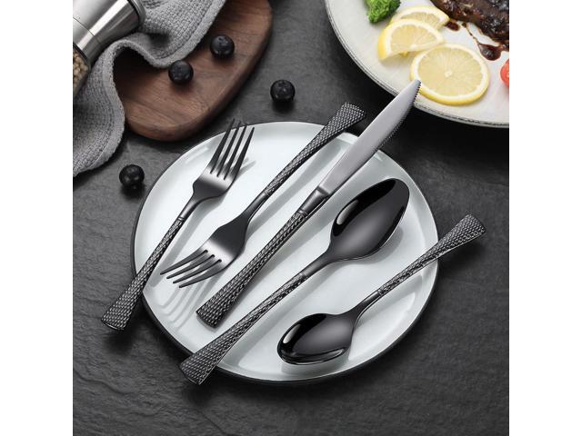 Hammered Black Silverware Set for 8,Stainless Steel 40-Piece Modern Cutlery Set,Mirror Polished Heavy Duty Flatware Set Utensil Set,Knives Spoons...