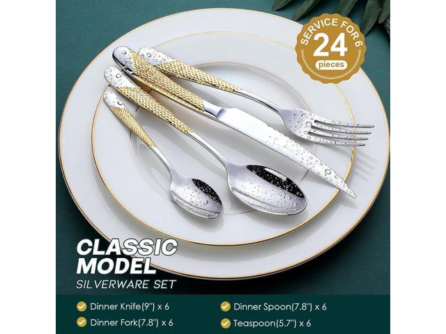 Hammered Silver Gold Silverware Set, OGORI 24-Piece 18/10 Stainless Steel Flatware Set, Service of 6