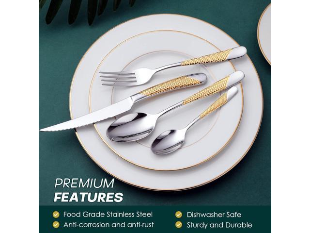 Hammered Silver Gold Silverware Set, OGORI 24-Piece 18/10 Stainless Steel Flatware Set, Service of 6