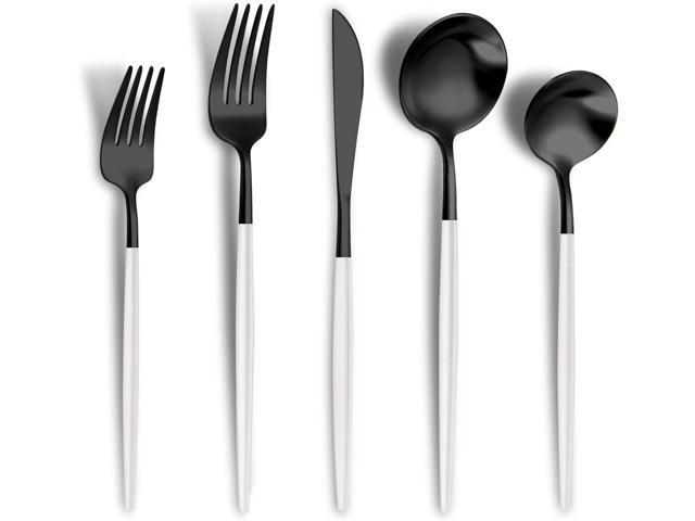 Matte Black White Silverware Set for 4,Modern Stainless Steel Brushed Cutlery Set,20-Pieces Heavy Duty Flatware Set,Knives Spoons and Forks Set...