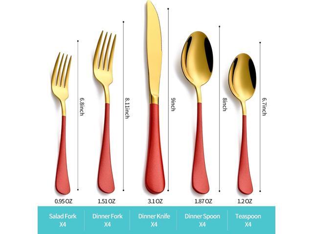 20-Piece Gold and Red Silverware Set for 4, 18/0 Stainless Steel Flatware Cutlery Utensils Set, Include Dinner Knives,Dinner Forks,Dinner...