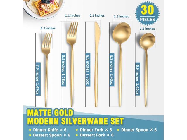 Matte Gold Silverware Set for 6,Modern Stainless Steel Brushed Cutlery Set,30-Pieces Heavy Duty Flatware Set,Knives Spoons and Forks Set Utensils...