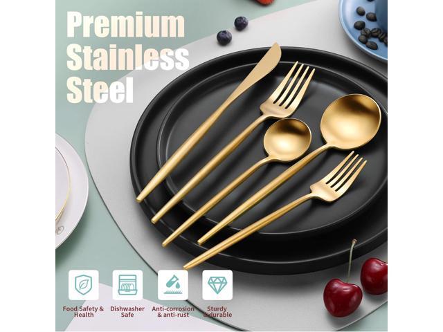 Matte Gold Silverware Set for 6,Modern Stainless Steel Brushed Cutlery Set,30-Pieces Heavy Duty Flatware Set,Knives Spoons and Forks Set Utensils...